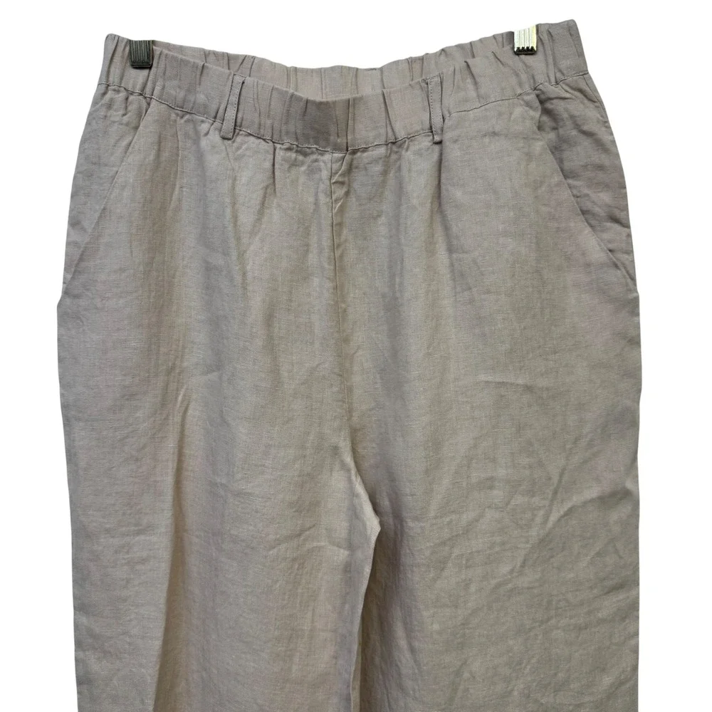 Quince Women Linen Pants Medium Beige High Rise Elastic Waist Straight Leg